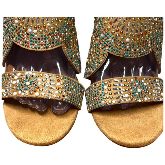 VENUS Womens 8 Tan Embellished Beaded Sandals Ankle Strap Block Heel - Picture 11 of 15